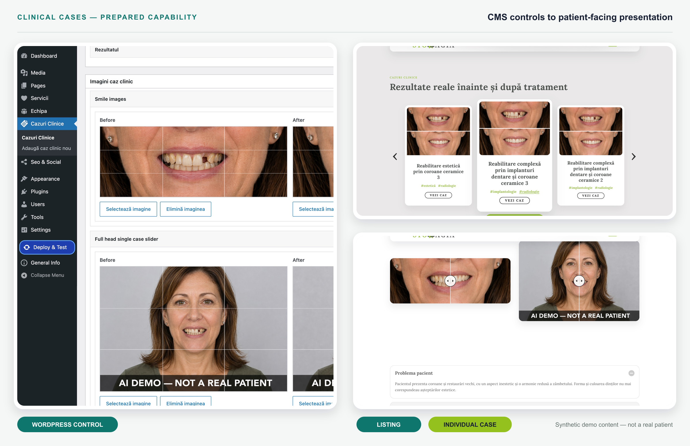 Clinical Cases content controls in WordPress beside the listing and individual-case interfaces using clearly marked synthetic demo media