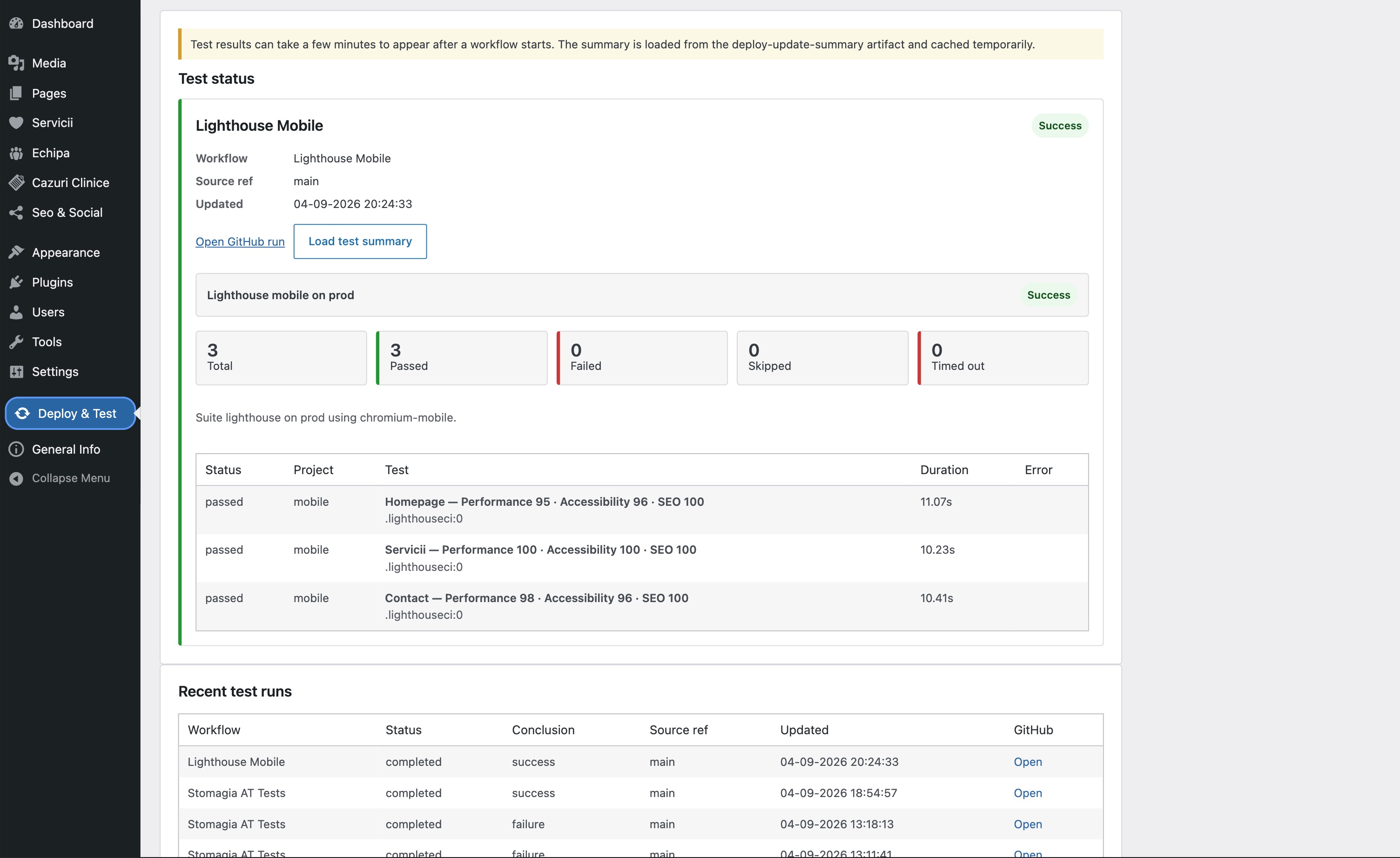 Successful Lighthouse Mobile summary for the Stomagia homepage, services, and contact pages