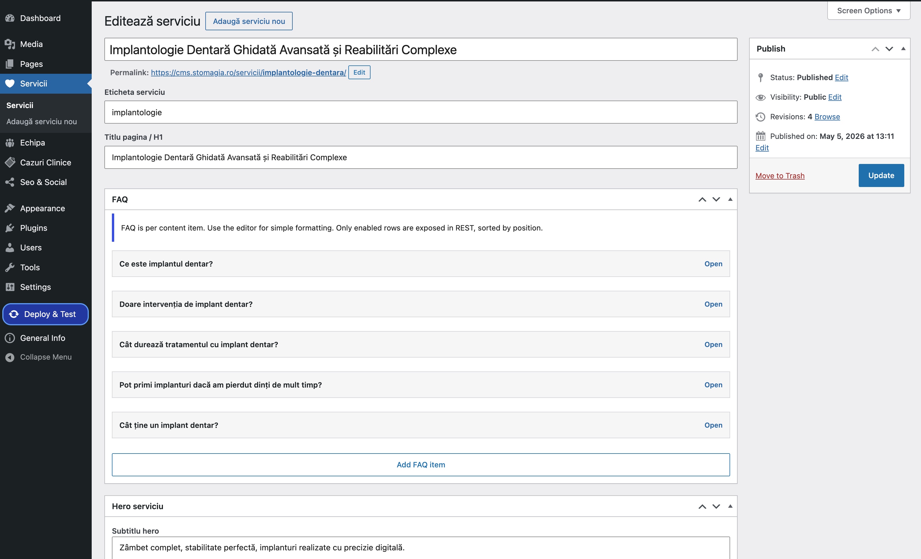 Structured service content being edited in the Stomagia WordPress dashboard