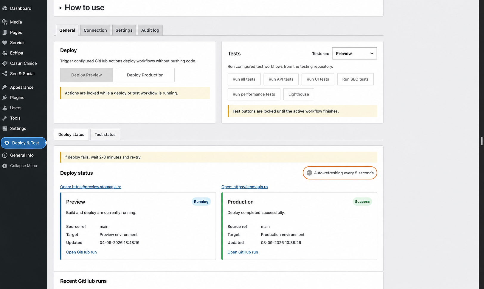 Stomagia Preview deployment running in the Deploy and Test WordPress interface