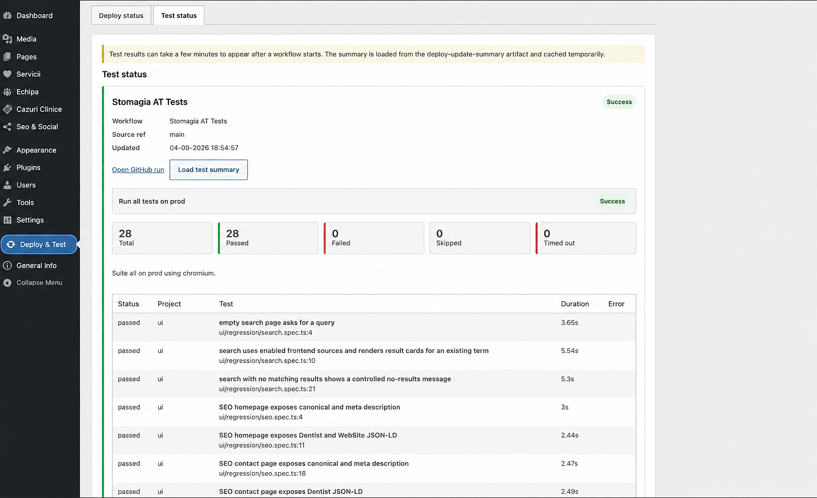 Successful Stomagia automated test summary returned to WordPress